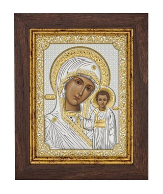 Казанская БМ, икона прямоугольная в рамке под стеклом, красное дерево 170х210