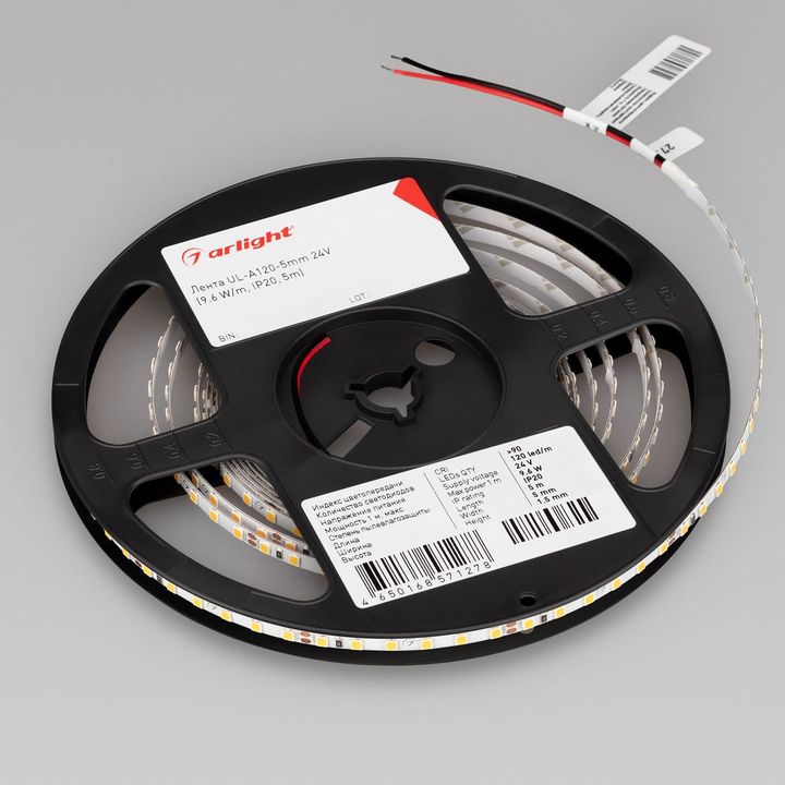 Светодиодная лента Arlight 6W/m 120Led/m 2835SMD теплый белый 5M UL-A120-5mm 24V Warm2700 044062