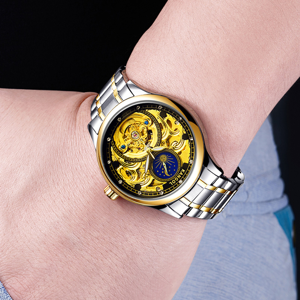 KANGOL Prestige Collection Mechanical Movement Metal Strap Watch Men"s Watches Skeleton Dial KANGOL K116