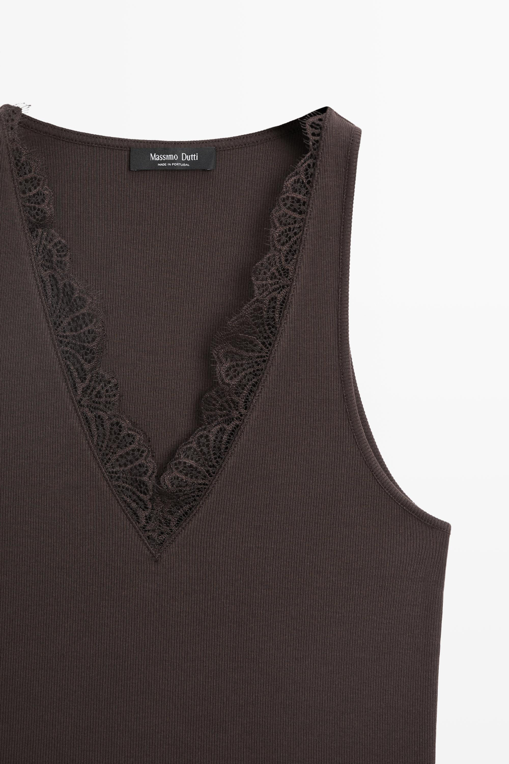 Massimo Dutti Топ с V-образным вырезом и кружевом, коричневый