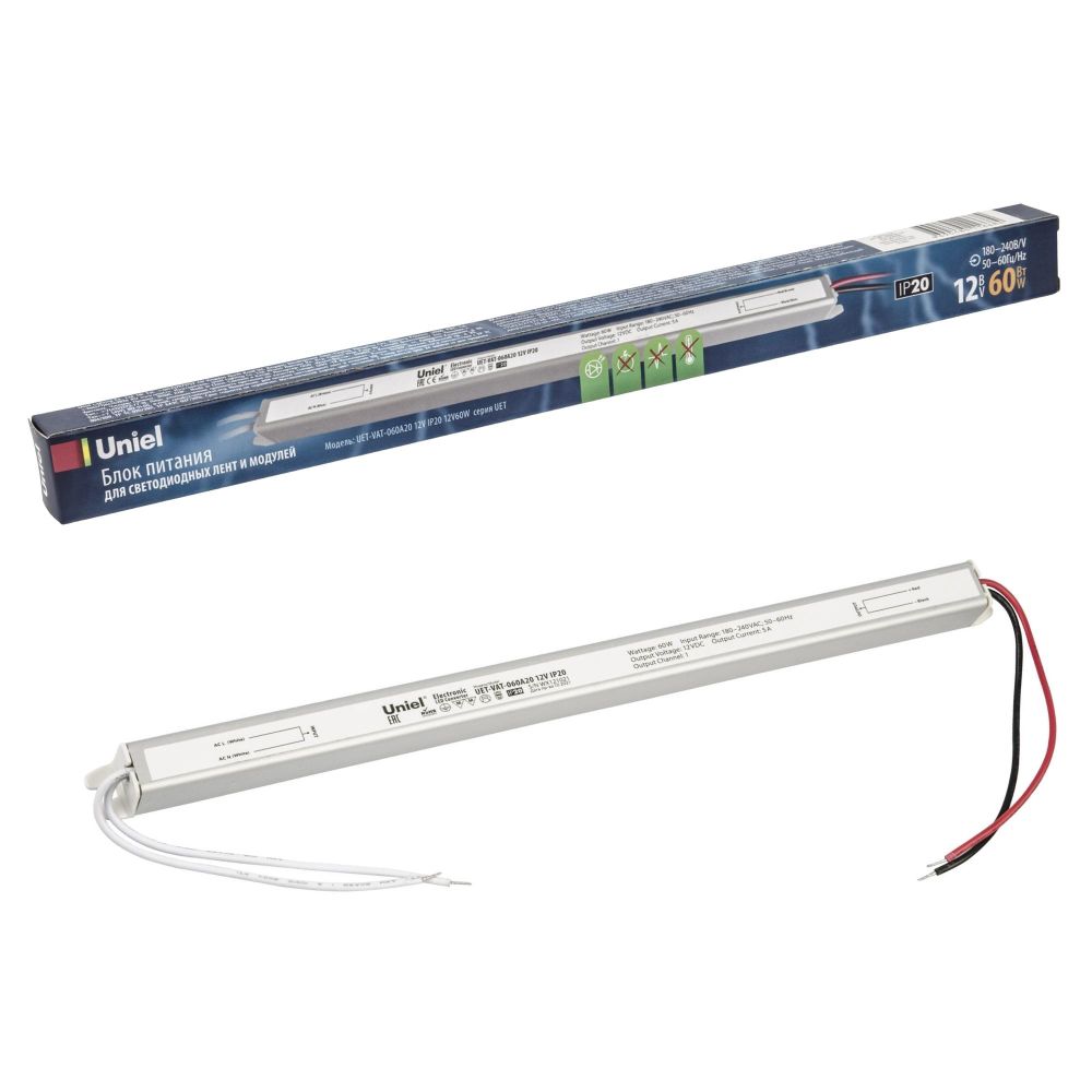 UET-VAT-060A20 12V IP20 Блок питания ультратонкий. 60Вт. Металлический корпус. TM Uniel