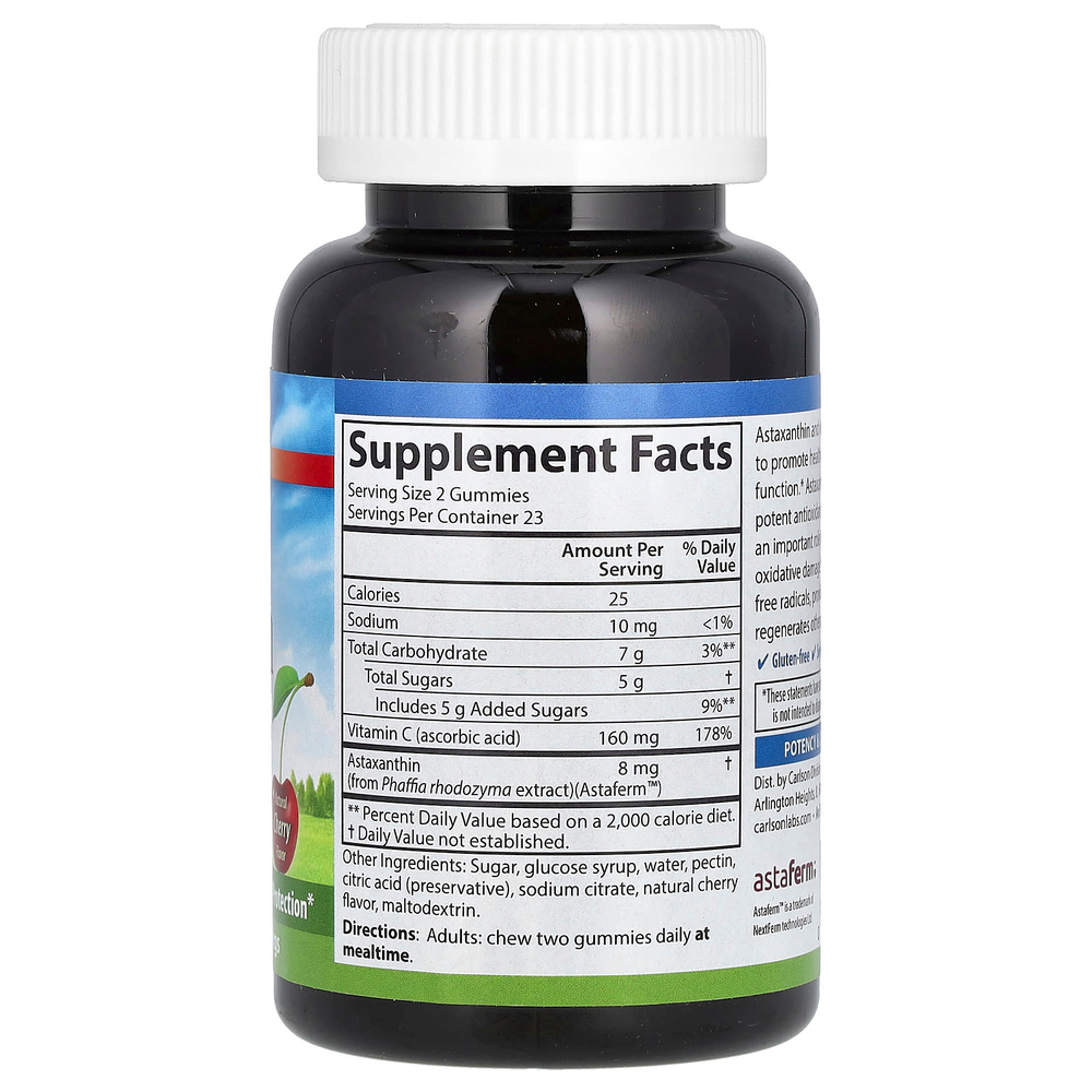 Carlson, жевательные таблетки с ферментированным астаксантином с витамином C, натуральная вишня, 8 мг, 46 вегетарианских жевательных таблеток (4 мг в 1 жевательной таблетке)