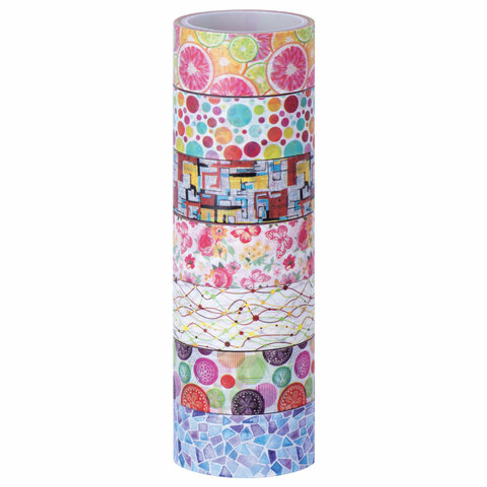 Клейкие WASHI-ленты для декора "Микс №2", 15 мм*3 м, 7 цветов, рисовая бумага, ОСТРОВ СОКРОВИЩ