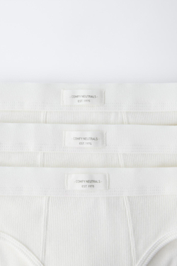ZARA НАБОР ИЗ ТРЕХ ТРУСОВ В РУБЧИК С НАШИВКОЙ, ЭКРЮ