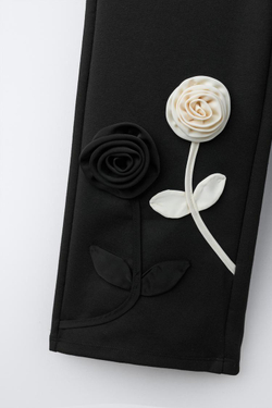 ZARA ШИРОКИЕ БРЮКИ С АТЛАСНЫМ ЦВЕТКОМ, ЧЕРНЫЙ