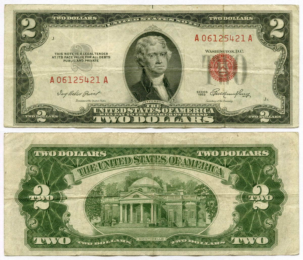 Банкнота США 2 доллара 1953 A 06125421 A. VF