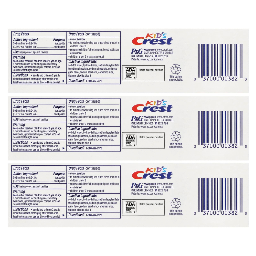 Crest, для детей, зубная паста против кариеса с фтором, с блестками, 3 шт. в упаковке, 130 г (4,6 унции)