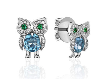 Пусеты "Совушки" с изумрудами, топазами и бриллиантами
