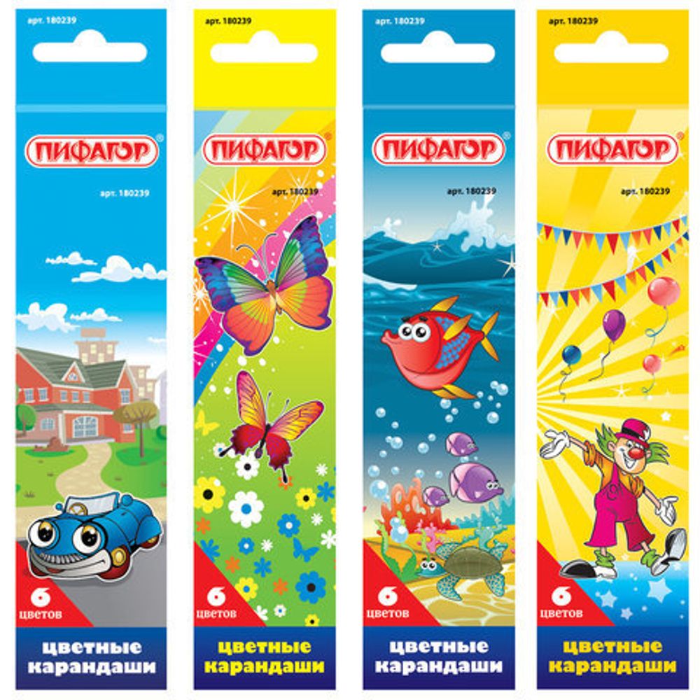 Карандаши цветные ПИФАГОР "Сказочный мир", 6 цветов, заточенные, картонная упаковка, дизайн ассорти, 180239