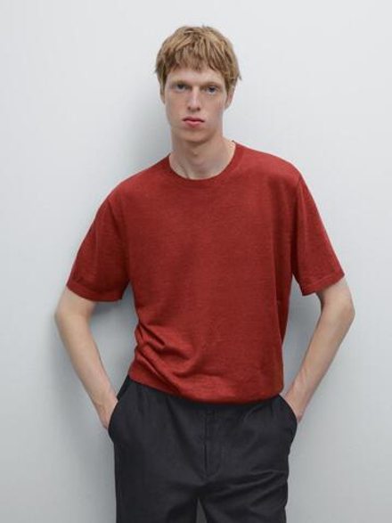 Massimo Dutti Трикотажная футболка с короткими рукавами из 100% льна, коралловый