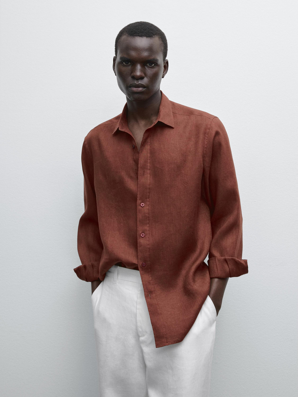 Massimo Dutti Рубашка приталенного кроя из 100% льна, терракотовый