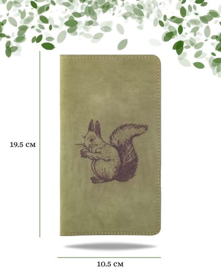 Фото функционального кошелька Белка из зеленой кожи хитрый лис Инфографика Размеры