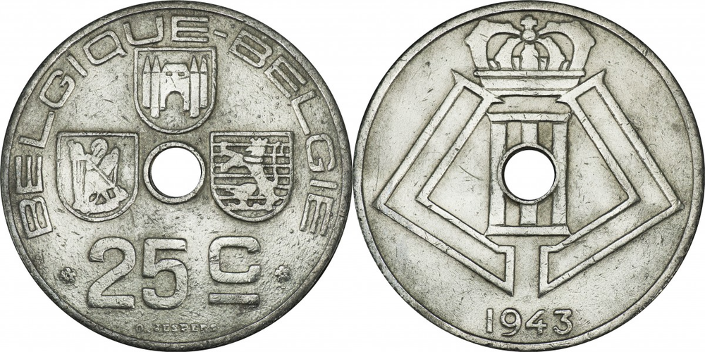 Бельгия 25 сантимов, 1942 - 1946 BELGIQUE - BELGIE XF