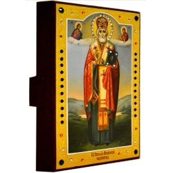 Николай Чудотворец в полный рост с предстоящими. Рукописная икона.