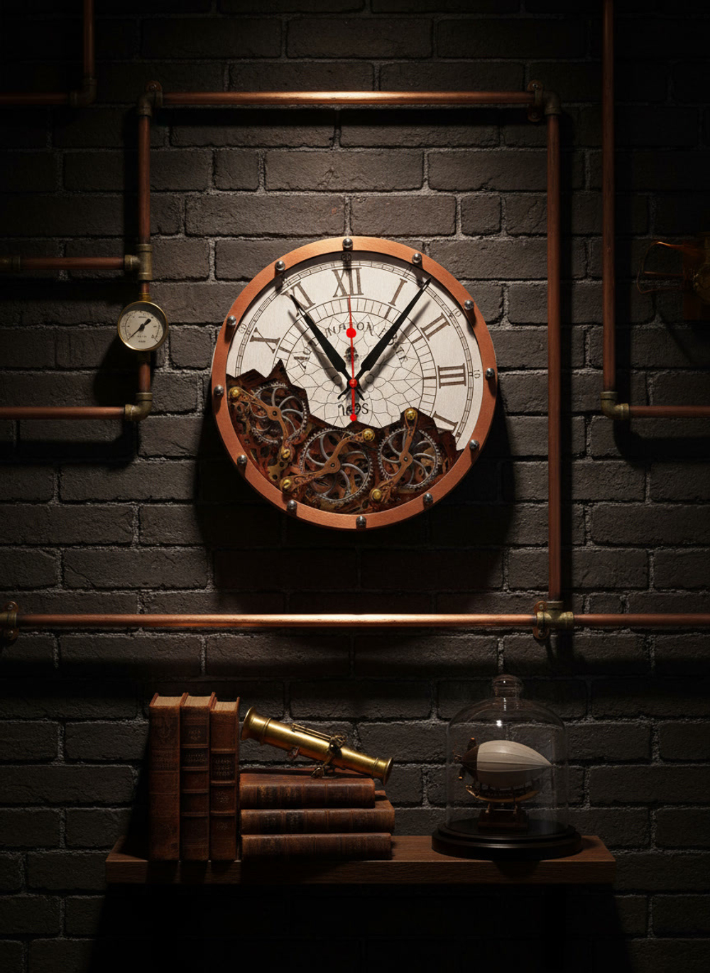 Настенные часы WOODandROOT Automaton Bite 1695 на стене с медными трубами — стимпанк-декор и индустриальный характер интерьера