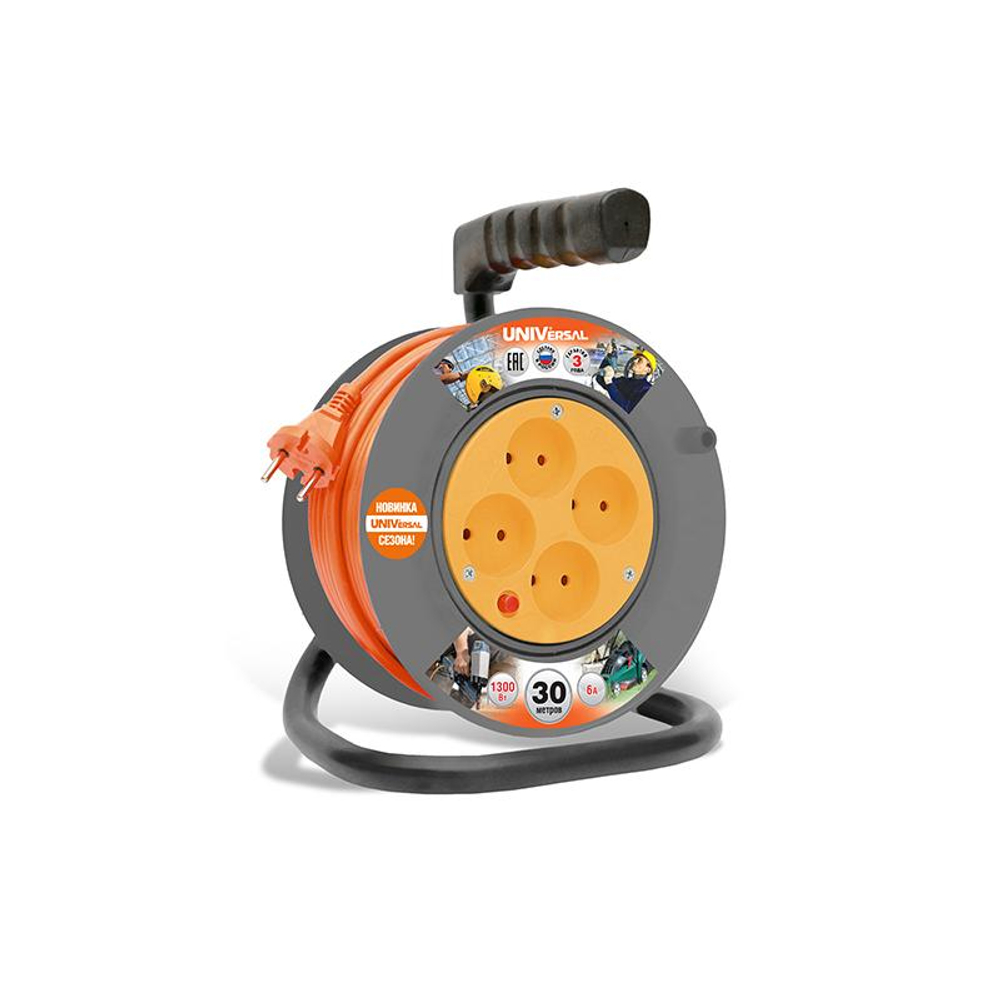 Удлинитель на катушке 4х30м без заземл. 6А IP20 У6-014 ПВС 2х0.75 термозащита UNIVersal 9632059