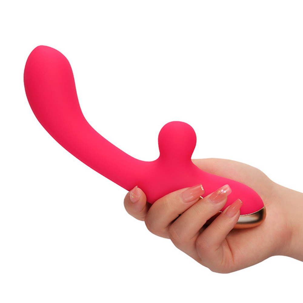 Розовый изогнутый вибромассажер 21,2см с имитацией мошонки I-Moon Whale P MY-235