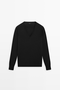 Massimo Dutti Джемпер из шерсти с V-образным вырезом, черный