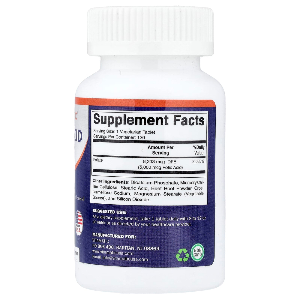 Vitamatic, фолиевая кислота, 120 вегетарианских таблеток (8333 мкг в 1 таблетке)
