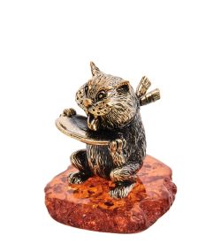 Народные промыслы AM-3147 Фигурка «Кот с блюдцем» (латунь, янтарь)