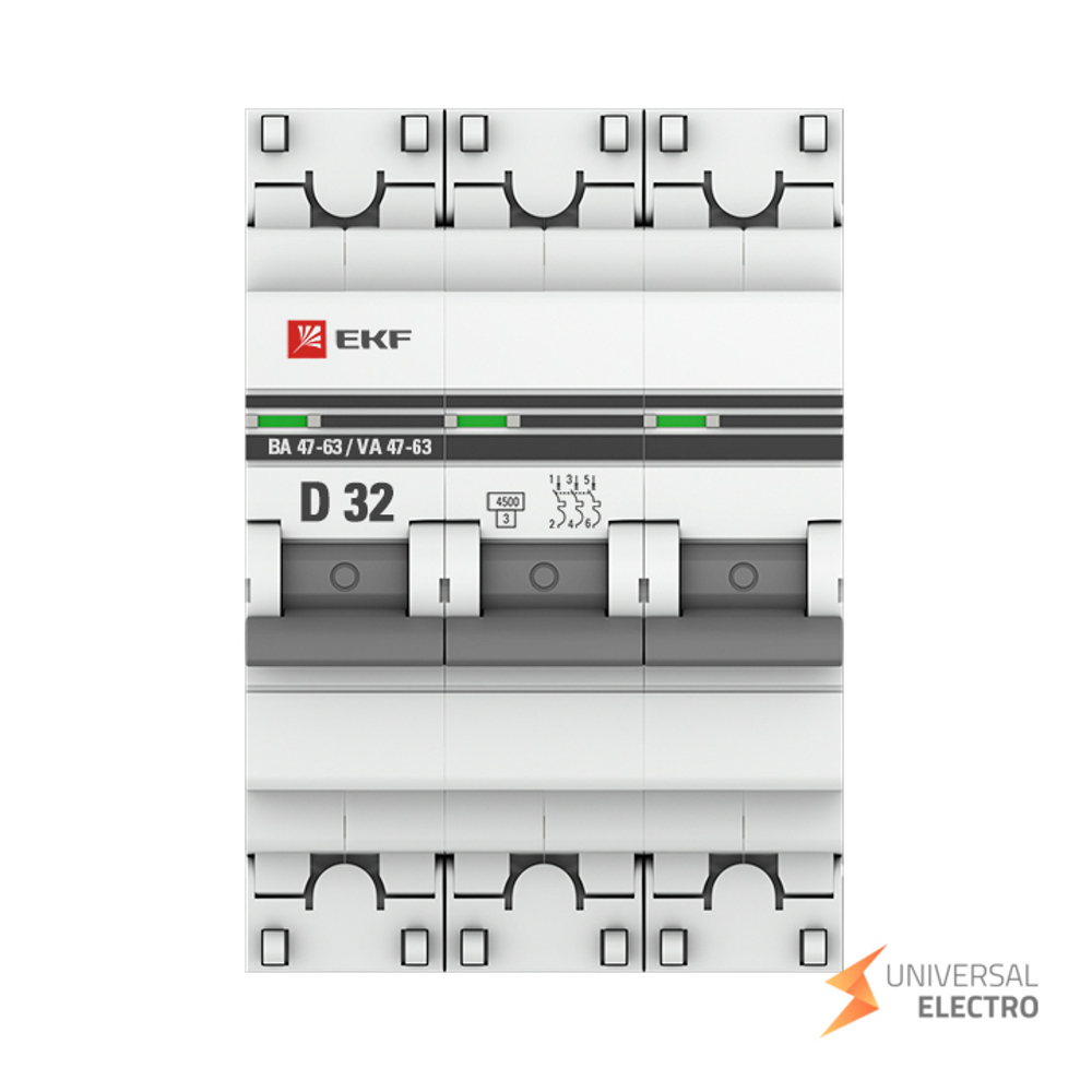 Автоматический выключатель 3P 32А (D) 4,5kA ВА 47-63 EKF PROxima