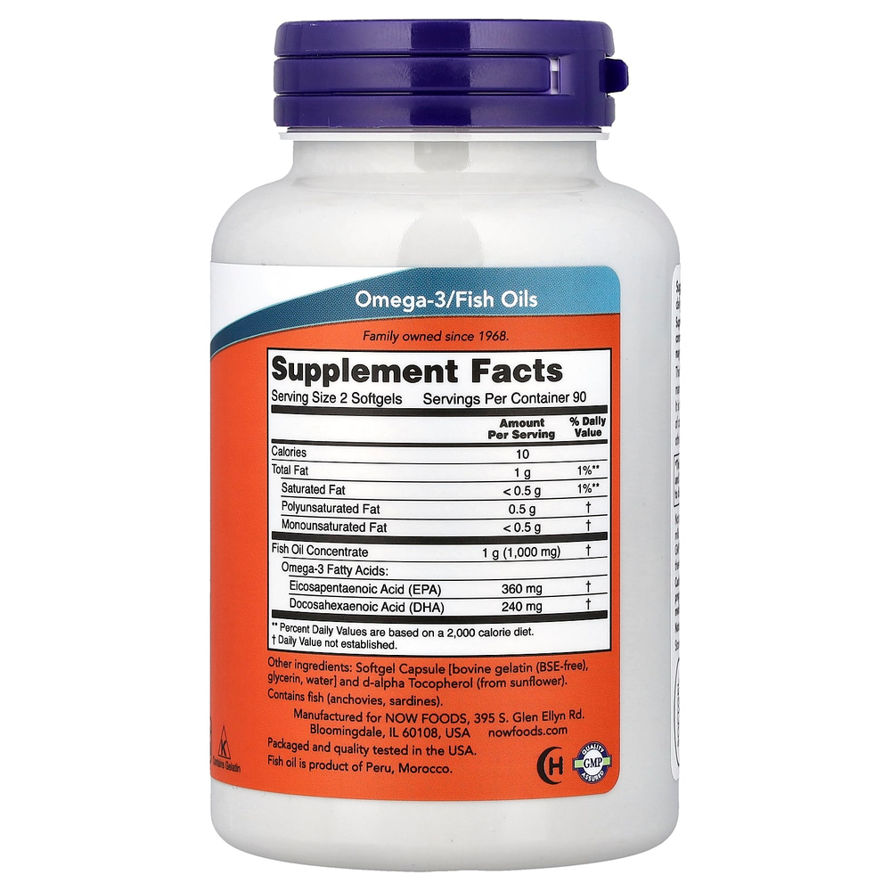 NOW Foods, рыбий жир с омега-3 в мини-капсулах, 180 капсул (0,5 г в 1 капсуле)