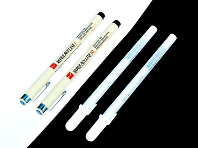 Набор две белые гелиевые ручки + два черных линера (толщина 0,3 мм и 0,9 мм) для рисования и скетчинга
