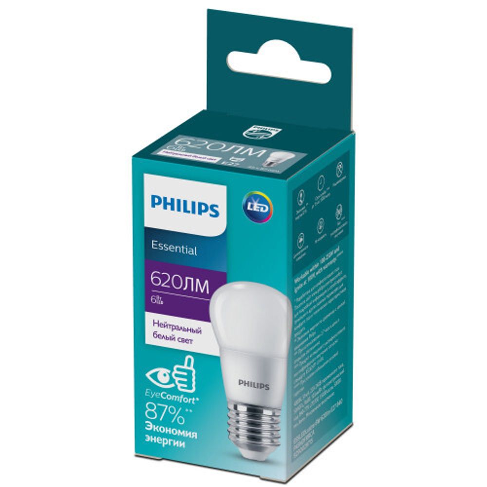 Лампочка светодиодная Philips ESS LEDLustre P45 6Вт 4000K Е27 / E27 шар матовый нейтральный белый свет | Philips