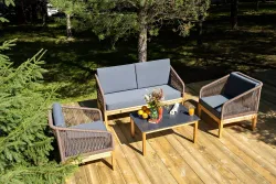 "Канны" лаунж-зона 4-местная из роупа со столиком "Канны" (серый гранит), основание дуб, роуп коричневый