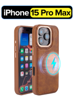 Чехол на Apple iPhone 15 Pro Max кожаный Магсейф с металлической рамкой, коричневый