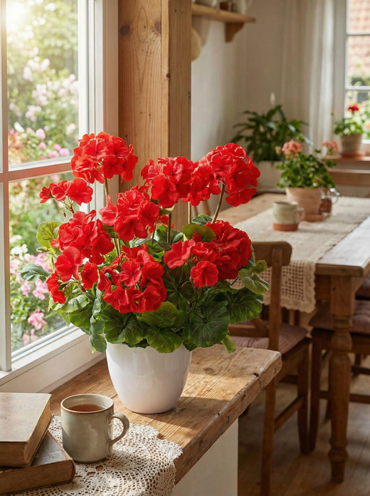 Искусственные цветы Герань красная густая 40см в белом кашпо