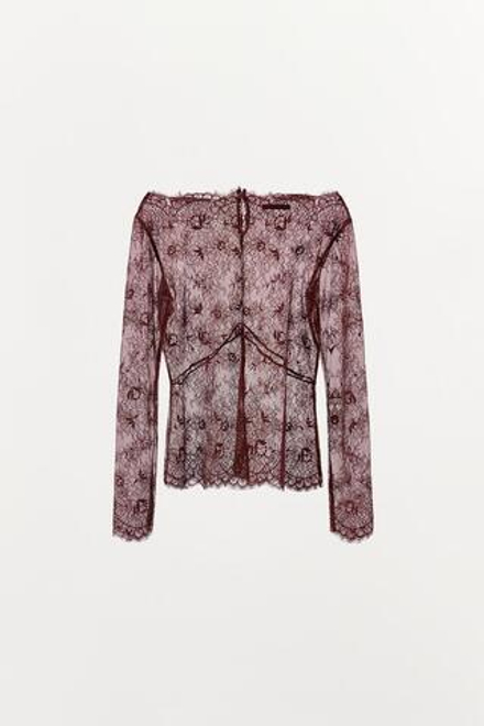 ZARA БЛУЗА ИЗ ПОЛУПРОЗРАЧНОГО КРУЖЕВА, ГРАНАТОВЫЙ