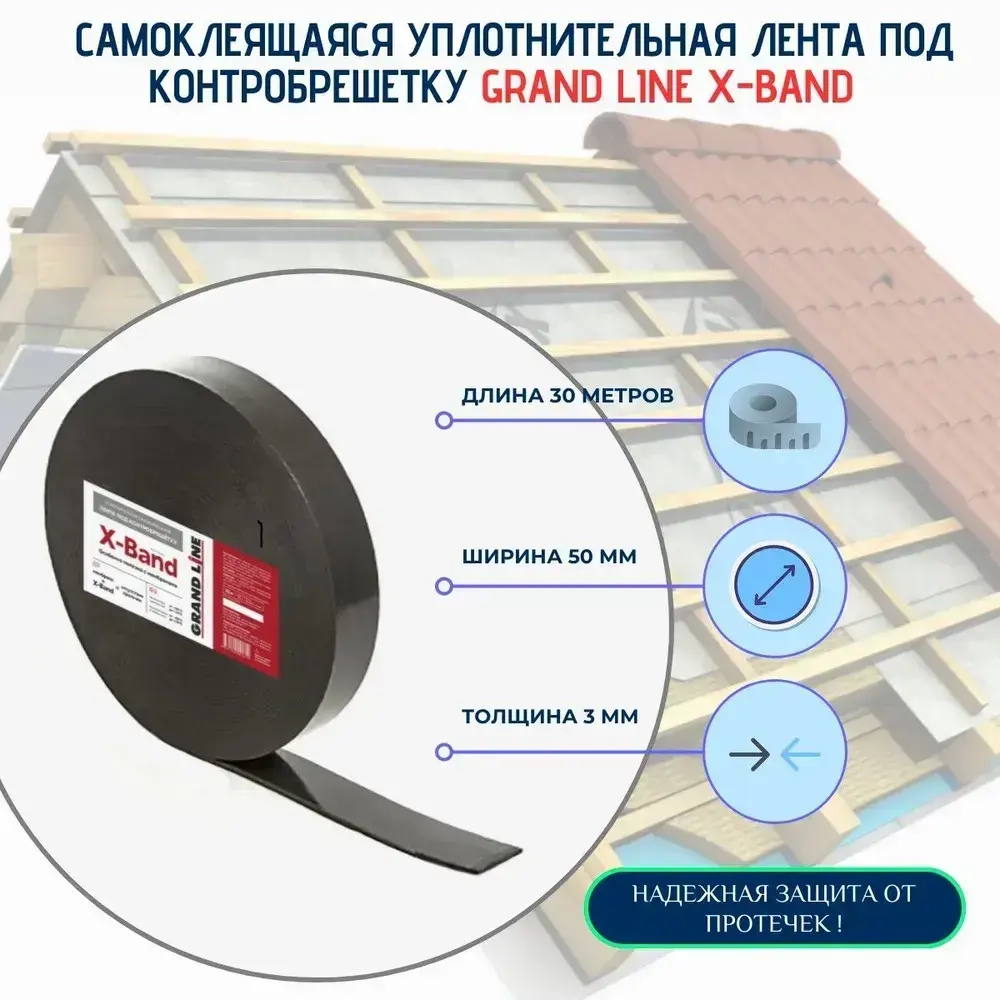 Лента уплотнительная под контробрешетку самоклеящаяся Grand Line X-Band 50мм х 30м х 3мм