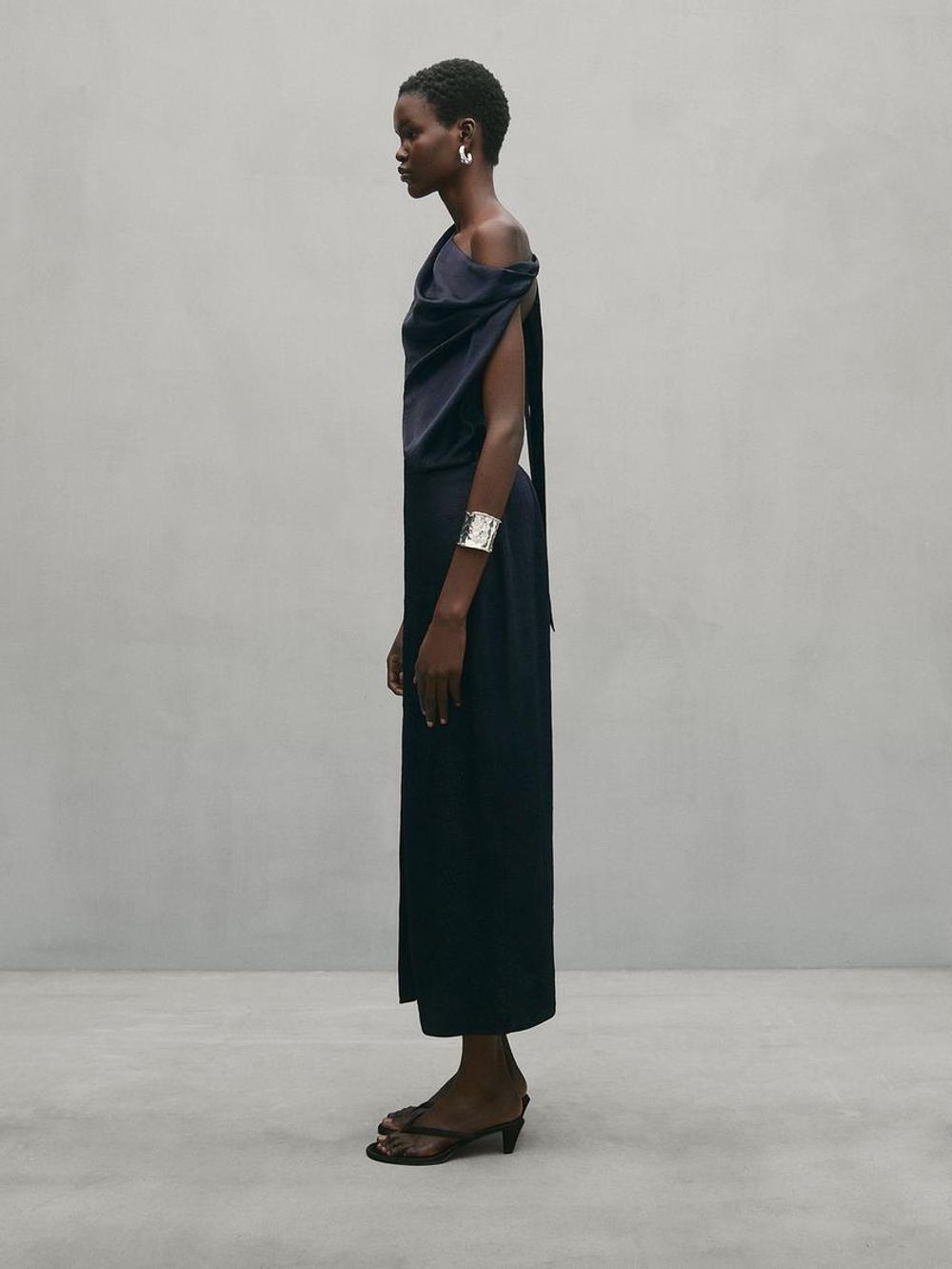 Massimo Dutti Драпированное платье миди с бантом - Studio, синий