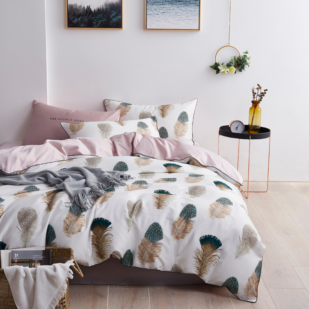 Постельное белье ЕВРО (двуспалка) Египетский Хлопок Перья на белом