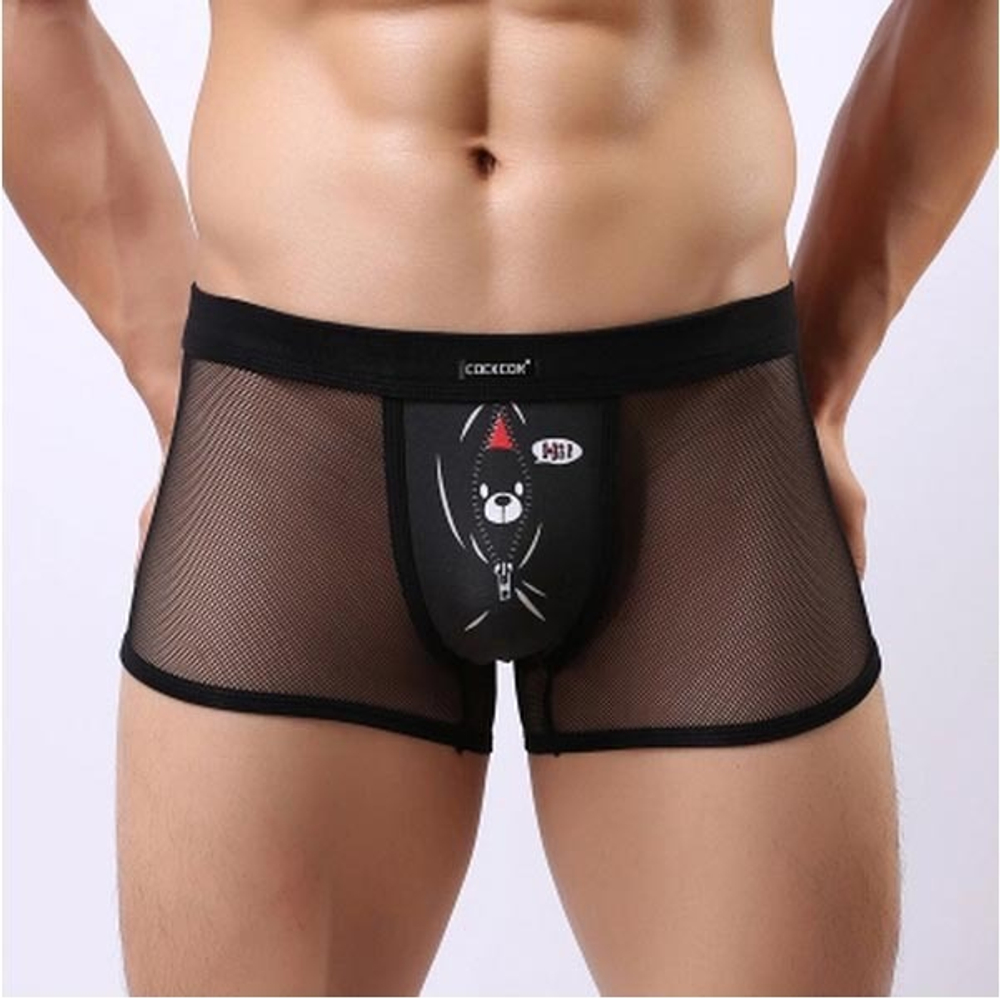 Мужские трусы боксеры черные в сетку с рисунком Cockcon Unzip-Me Boxer Black  850