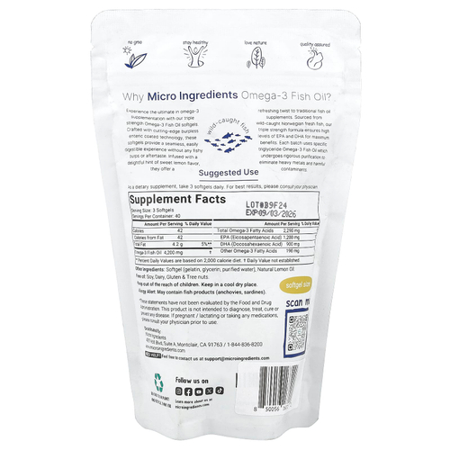 Micro Ingredients, рыбий жир с омега-3, тройная сила, лимон, 120 капсул (1400 мг в 1 капсуле)