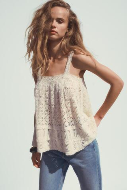 ZARA ТОП АЖУРНОЙ ВЯЗКИ С КРУЖЕВОМ, ЭКРЮ