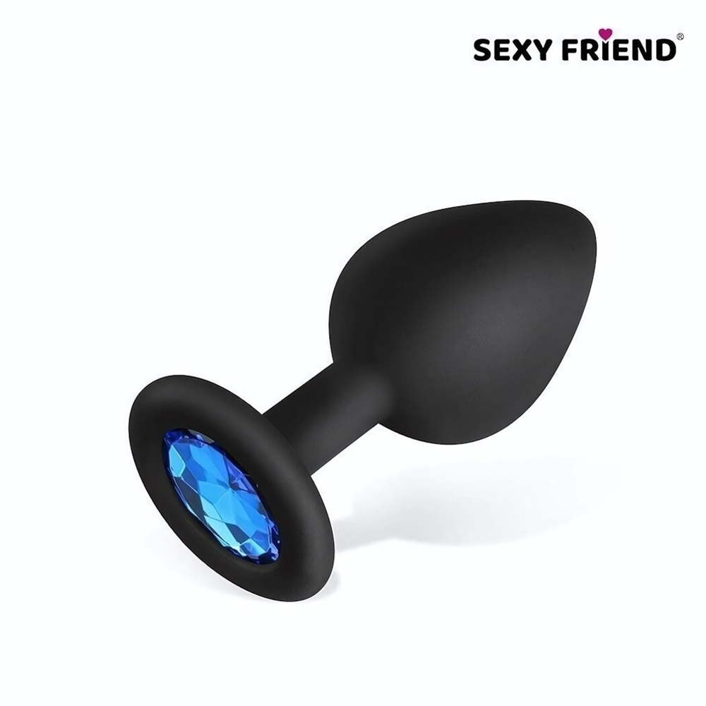 Черная силиконовая анальная втулка с голубым кристаллом - 8 см. (Цвет: голубой)