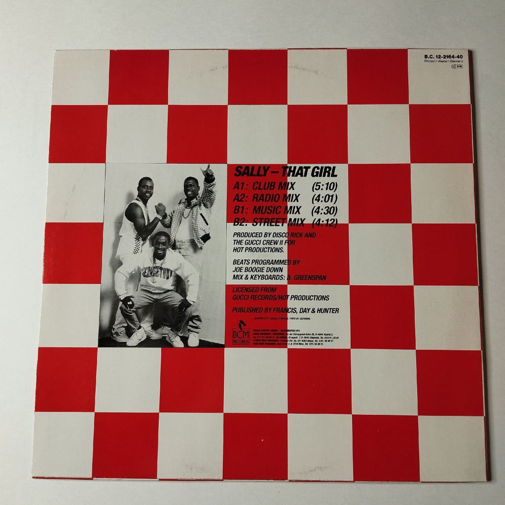 Винтажная виниловая пластинка LP Gucci Crew II Sally That Girl (Germany 1988) Maxi Single 45 RMP