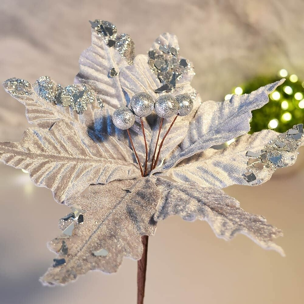 Украшение новогоднее "Пуансеттия" d15см, серебро