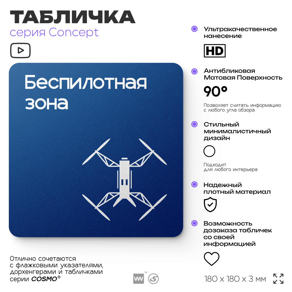Табличка Беспилотная зона, на дверь и стену, информационная и навигационная, серия CONCEPT, 18х18 см, пластиковая, Айдентика Технолоджи