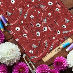 Ткань флис мелкие снегири, цветы и птичьи клетки на бордовом фоне