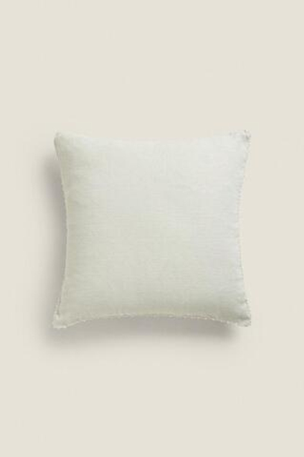 ZARA HOME ОДНОТОННЫЙ ЛЬНЯНОЙ ЧЕХОЛ ДЛЯ ДЕКОРАТИВНОЙ ПОДУШКИ С КОНТРАСТНОЙ СТРОЧКОЙ, ЗЕЛЕНОВАТЫЙ