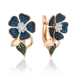 Серьги «Синие цветы» с английским замком из красного золота с фианитами