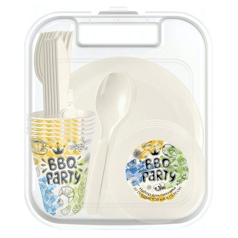 Набор для пикника с декором, 37 предметов на 6 персон (тарелки 20см, миски 13см, стаканы 280мл, вилки, ножи, ложки) упакован в удобный контейнер с ручкой (светло-бежевый)