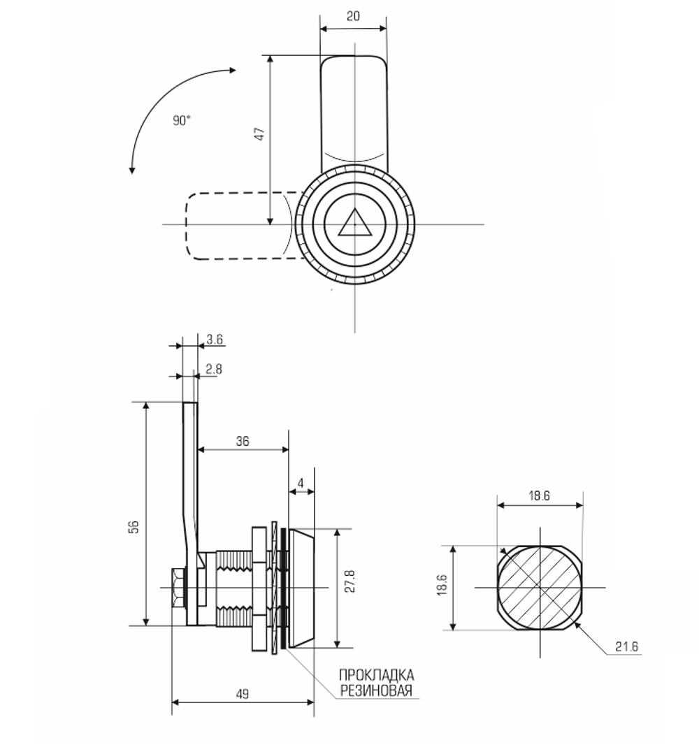 Замок мебельный / щитовой 36 мм, с треугольным ключом, с защитой от проникновения воды и влаги