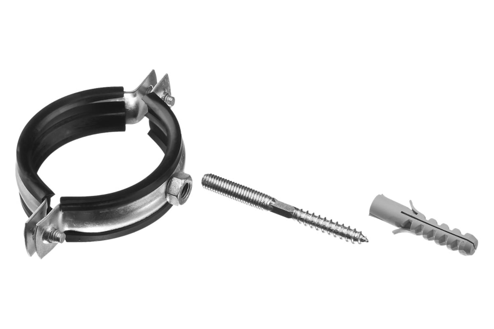 Хомут трубный с гайкой, оцинкованный, в комплекте с сантехнической шпилькой и дюбелем, 1 1/2_, 1шт, ЗУБР