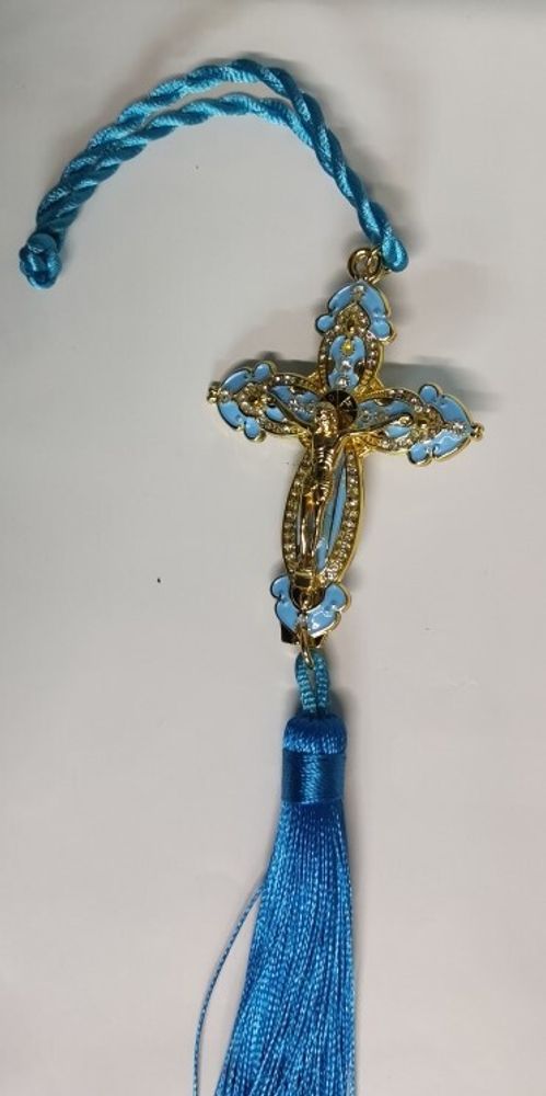 Крест автомобильный подвесной со стразами голубой (Лоп)