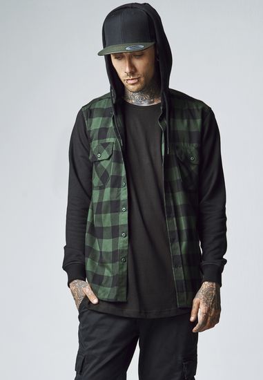 Рубашка URBAN CLASSICS Hooded Checked Flanell Sweat Sleeve Shirt  (Black/Forest/Black)